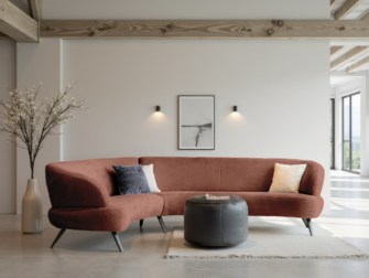 Bank Betis - mito blush - aanbouwelement 2,5 zits arm links - 3 zits arm rechts Roesbruine designbank met afgeronde hoeken en minimalistisch frame