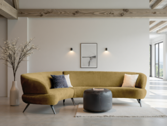 Bank Betis - mito brass - aanbouwelement 2,5 zits arm links - 3 zits arm rechts Mosterdgele bank in moderne ronde stijl met zachte stoffering