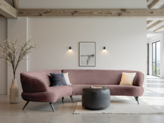 Bank Betis - mito burgundy - aanbouwelement 2,5 zits arm links - 3 zits arm rechts Oudroze bank met ronde vormen en zwarte poten