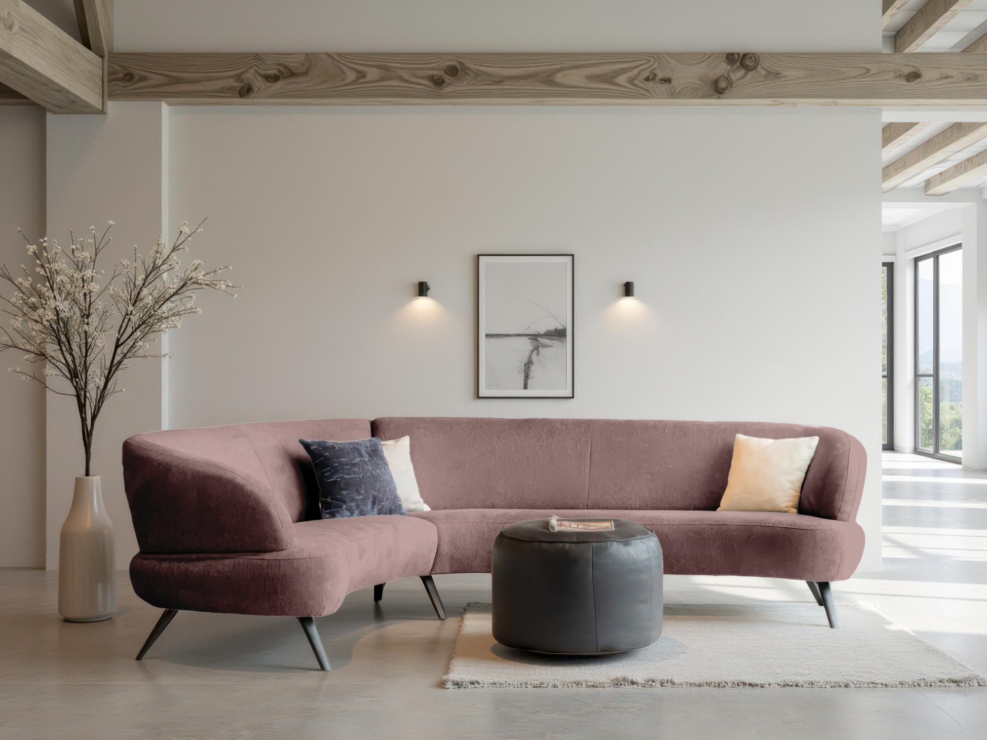 Oudroze bank met ronde vormen en zwarte poten