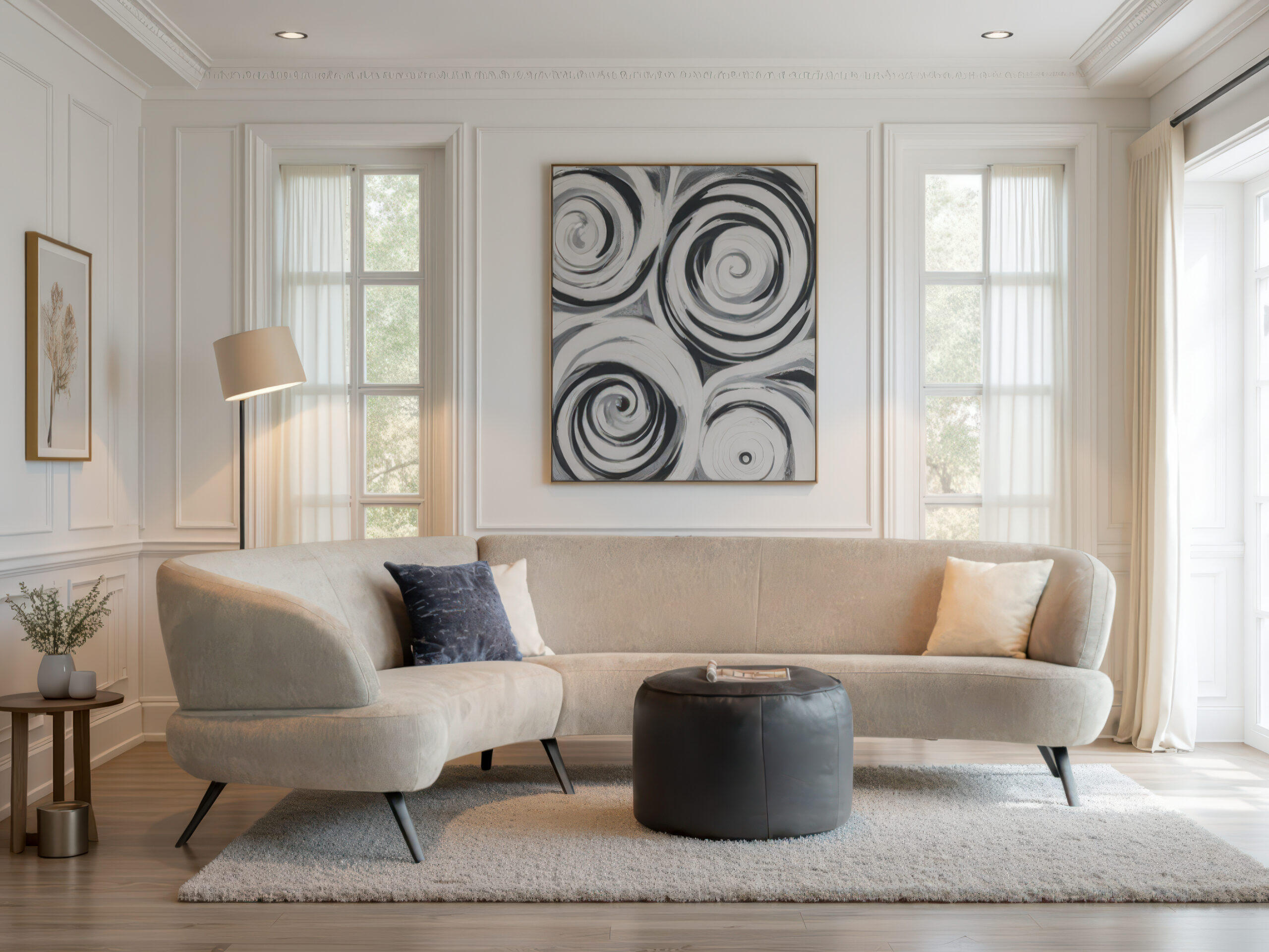 Designbank met afgeronde rugleuning en slanke poten