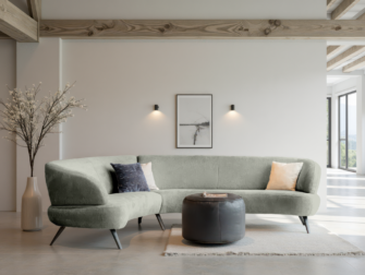 Bank Betis - mito dolphin - aanbouwelement 2,5 zits arm links - 3 zits arm rechts Lichtgroene ronde designbank met elegante ronde vormen en metalen poten