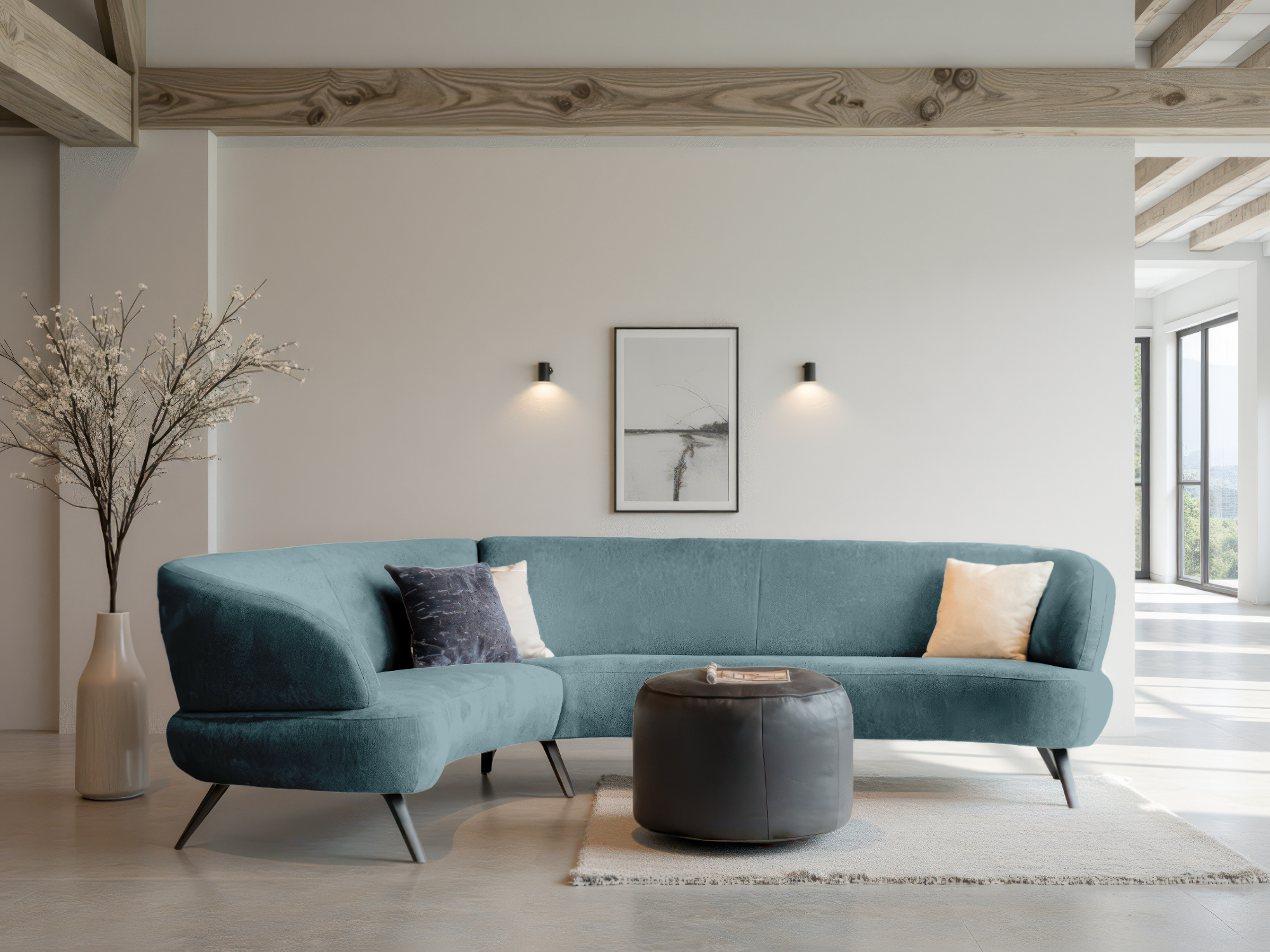 Midgroene gebogen bank met eigentijdse uitstraling en luxe bekleding