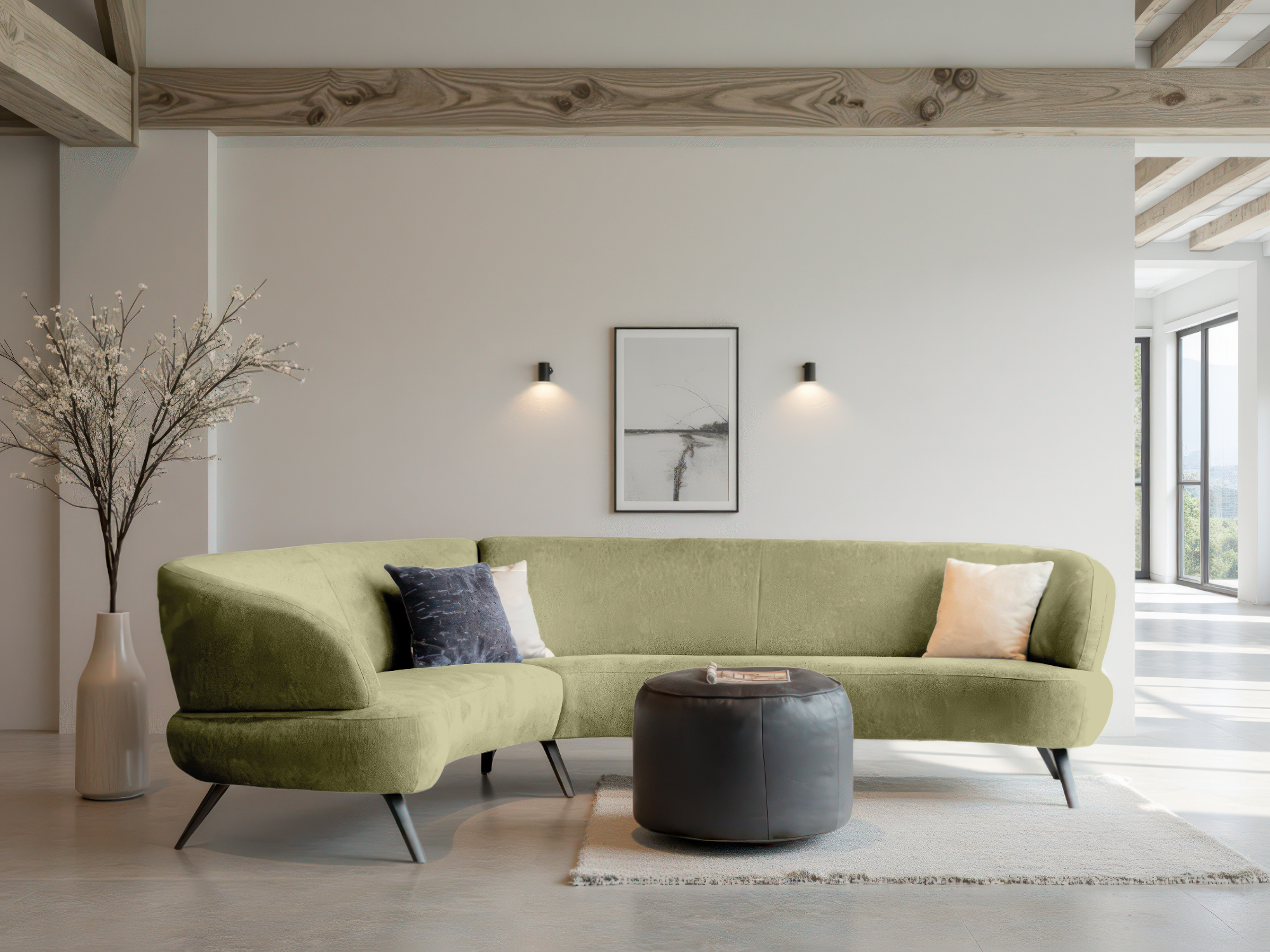 Mosgroene bank met een ronde rugleuning en comfortabele zitdiepte