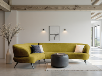 Bank Betis - mito mustard - aanbouwelement 2,5 zits arm links - 3 zits arm rechts Mosterdgele fluwelen bank met lichte ronding en stijlvolle uitstraling