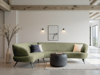 ronde zit bank met afgeronde rugleuning en vaste kussens