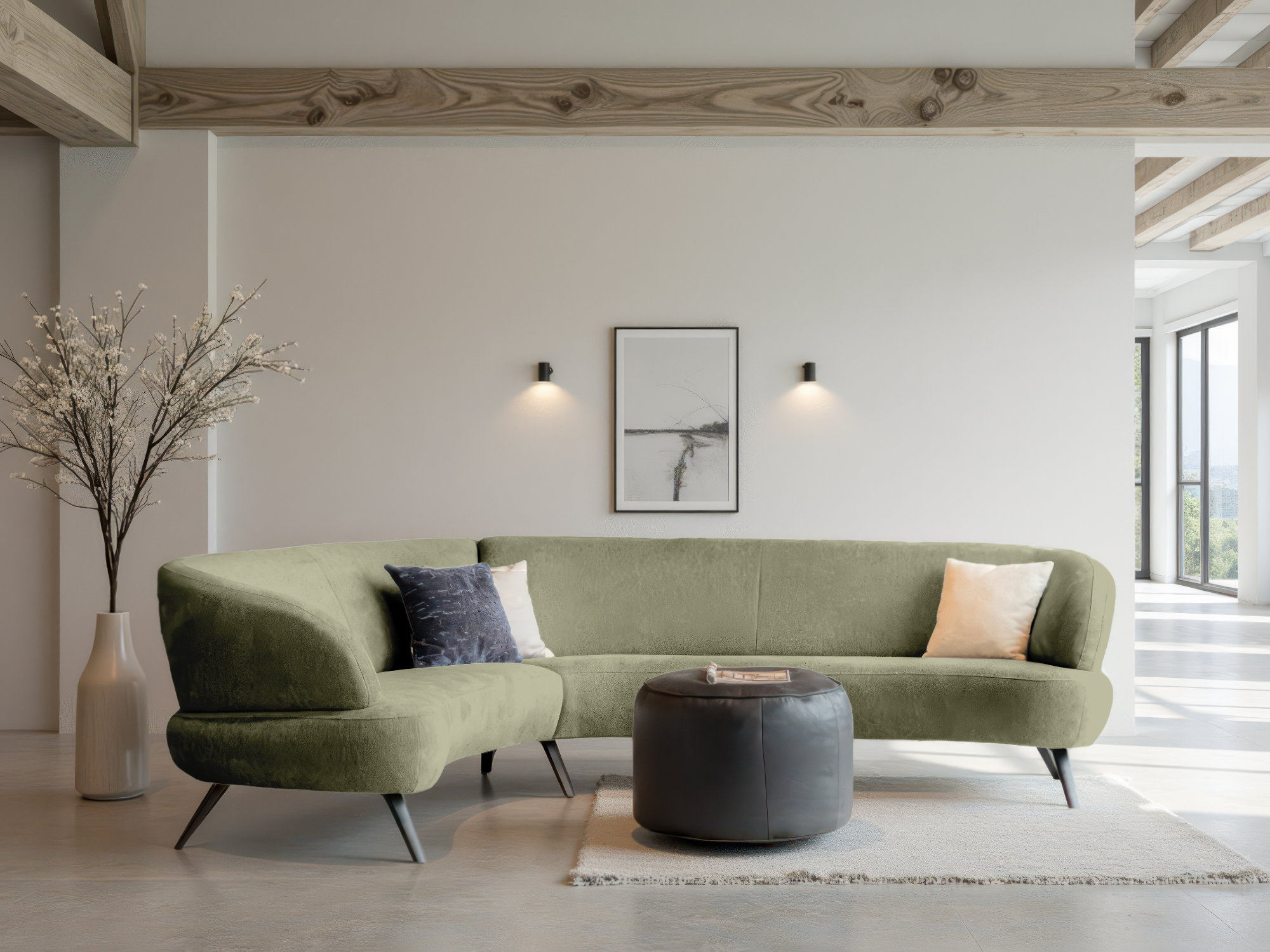 ronde zit bank met afgeronde rugleuning en vaste kussens