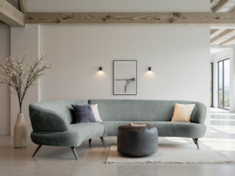 Bank Betis - mito slate - aanbouwelement 2,5 zits arm links - 3 zits arm rechts Zachtgroene ronde bank met luchtig en uitnodigend karakter