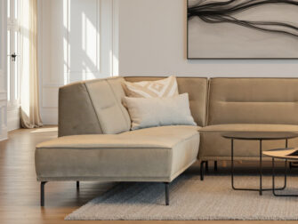 Bank Finlay - juke khaki - open eiland links - 3 zits zonder arm - chaise longue rechts hoekbank met horizontale stiknaad