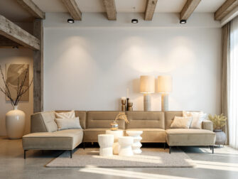 Bank Finlay - juke khaki - open eiland links - 3 zits zonder arm - chaise longue rechts - met onze bijzettafels Elias, Liva en Jaïr strakke u-hoekbank met royale zittingen en moderne uitstraling