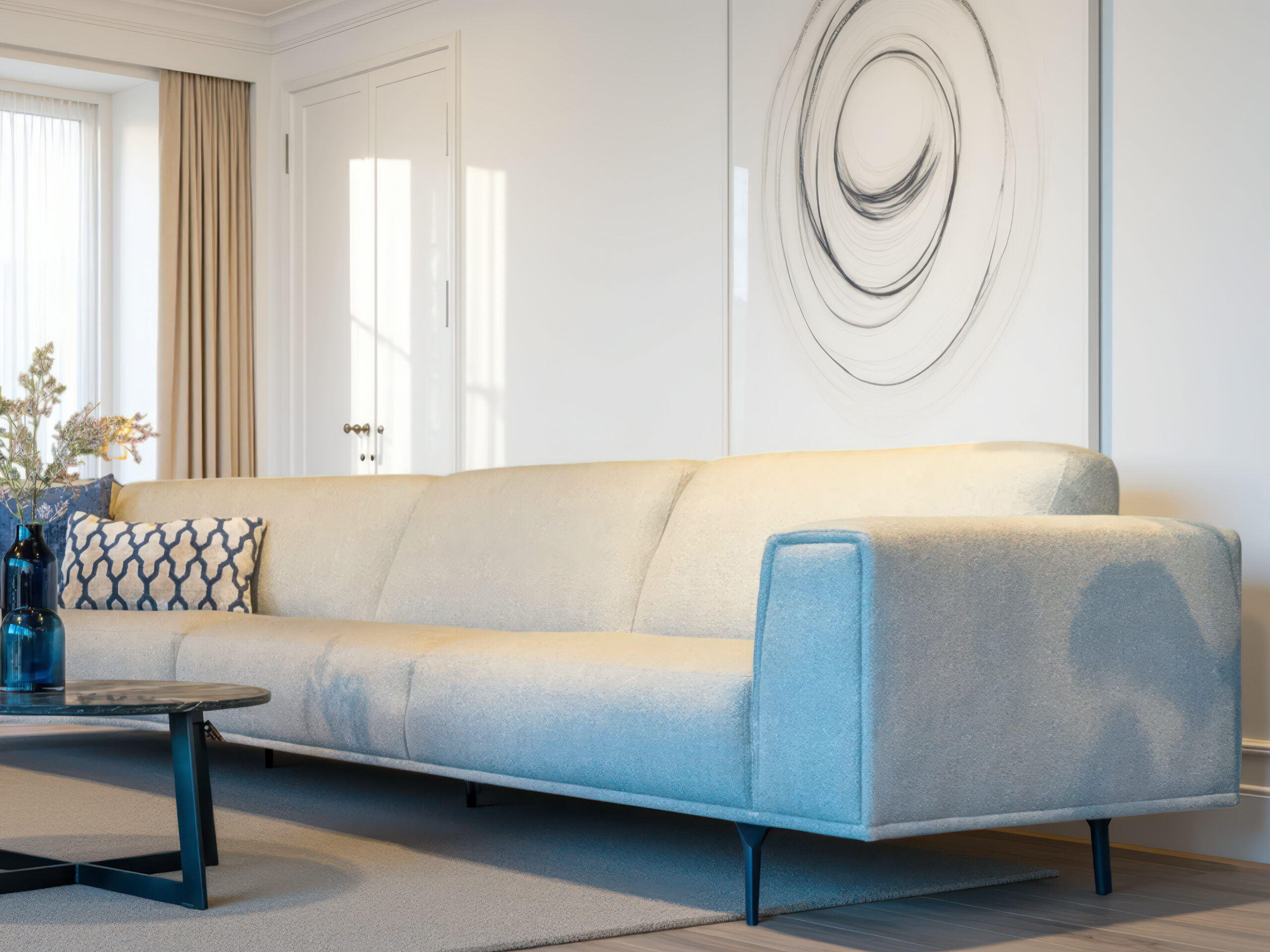 Luxe bank met afgeronde vormen en zachte stoffering