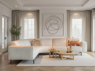 Bank Moria - adore ecru - 3 zits arm links - hoek rond - 2 zits arm rechts - met onze salontafels Bayonne ronde hoekbank in beige kleur