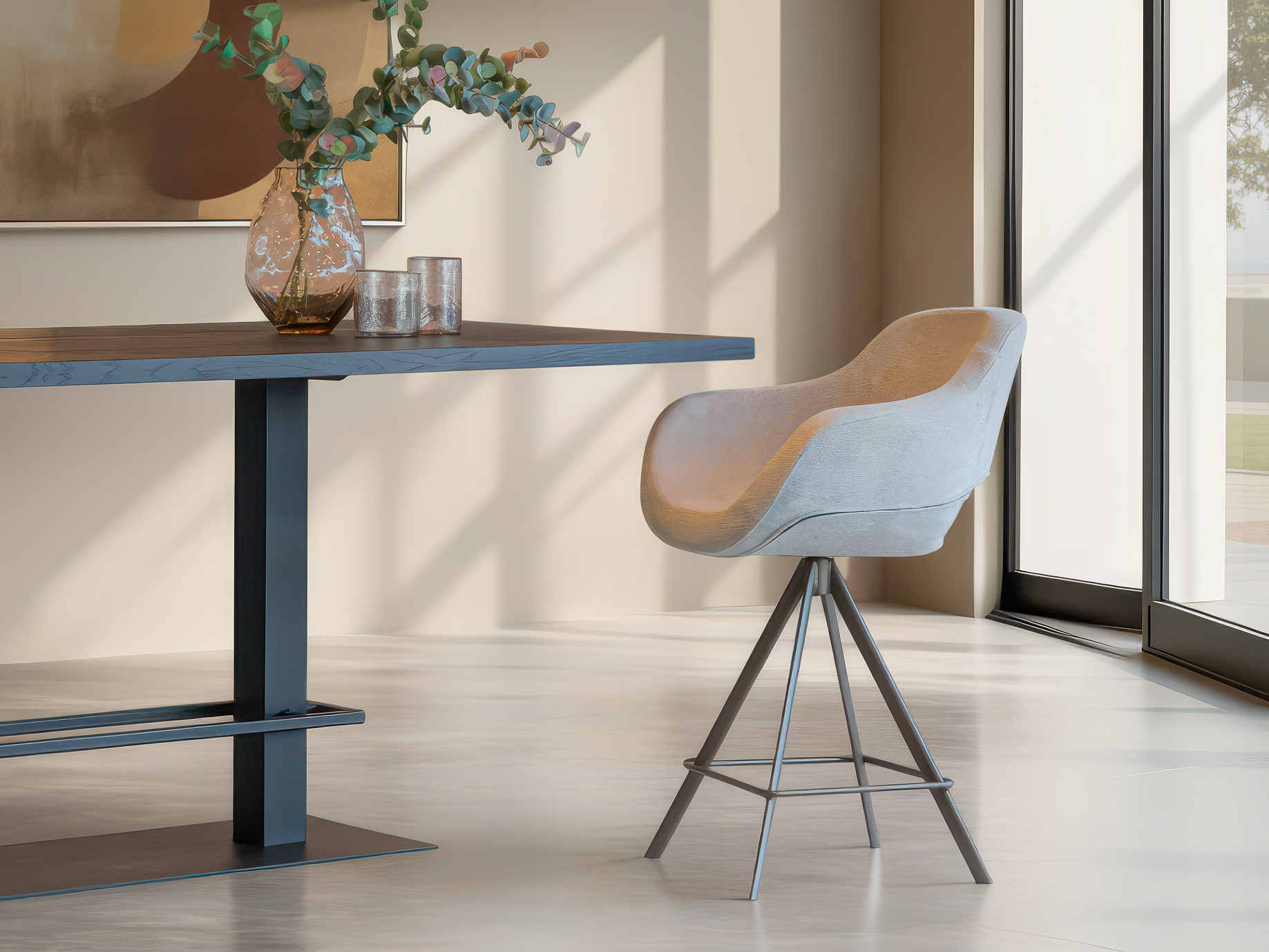 Ronde zitting in beige stof met gekleurde metalen poot