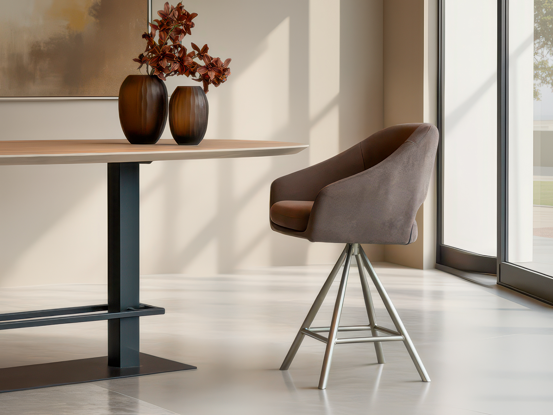 Eigentijdse barkruk met luxe stoffering en elegant silhouet