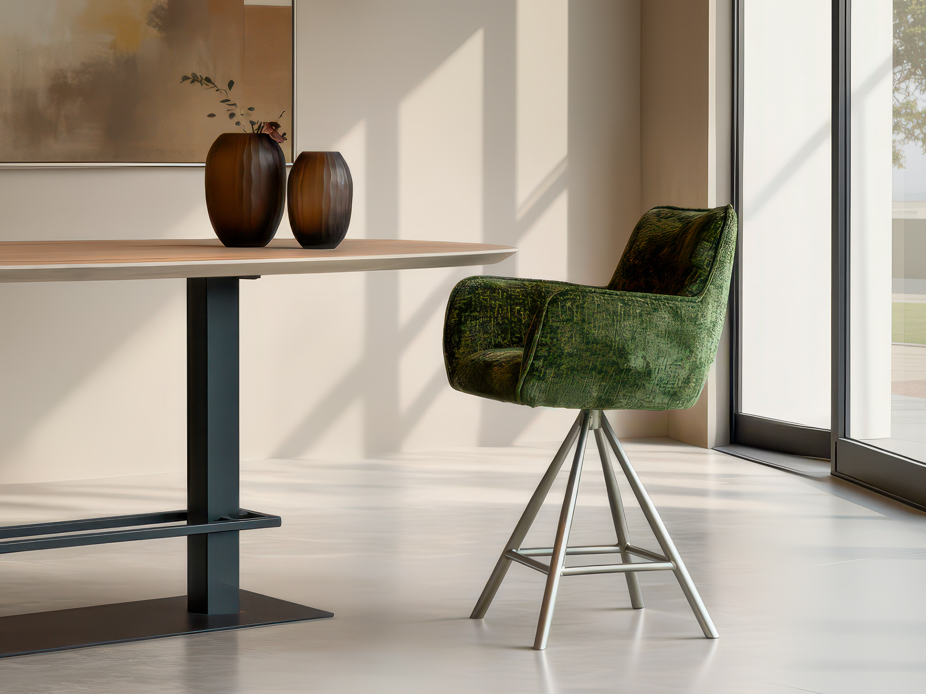 Hoog zitmeubel met zachte bekleding en rechte leuningen