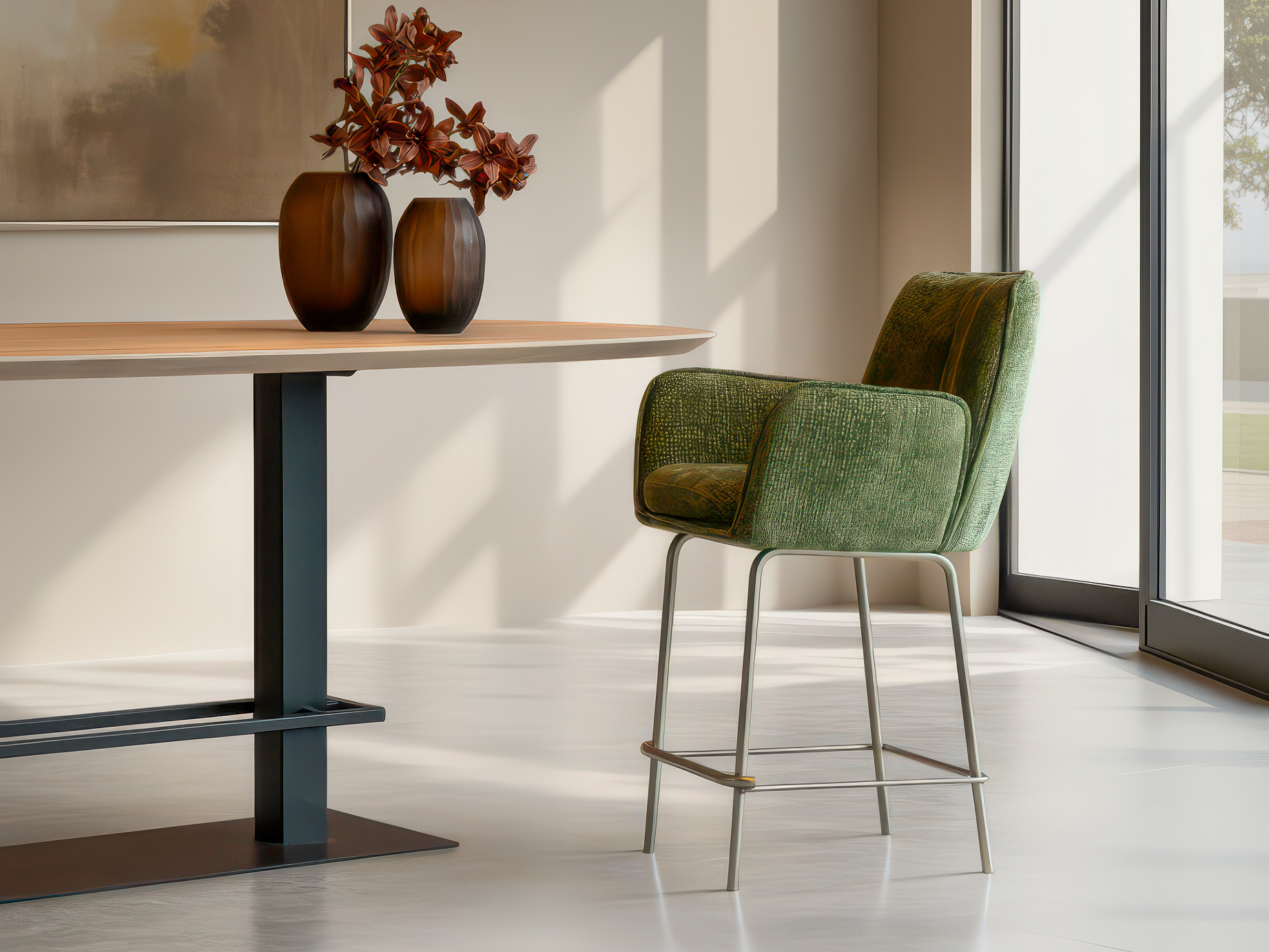 barkruk met zachte zitting en rank metalen frame