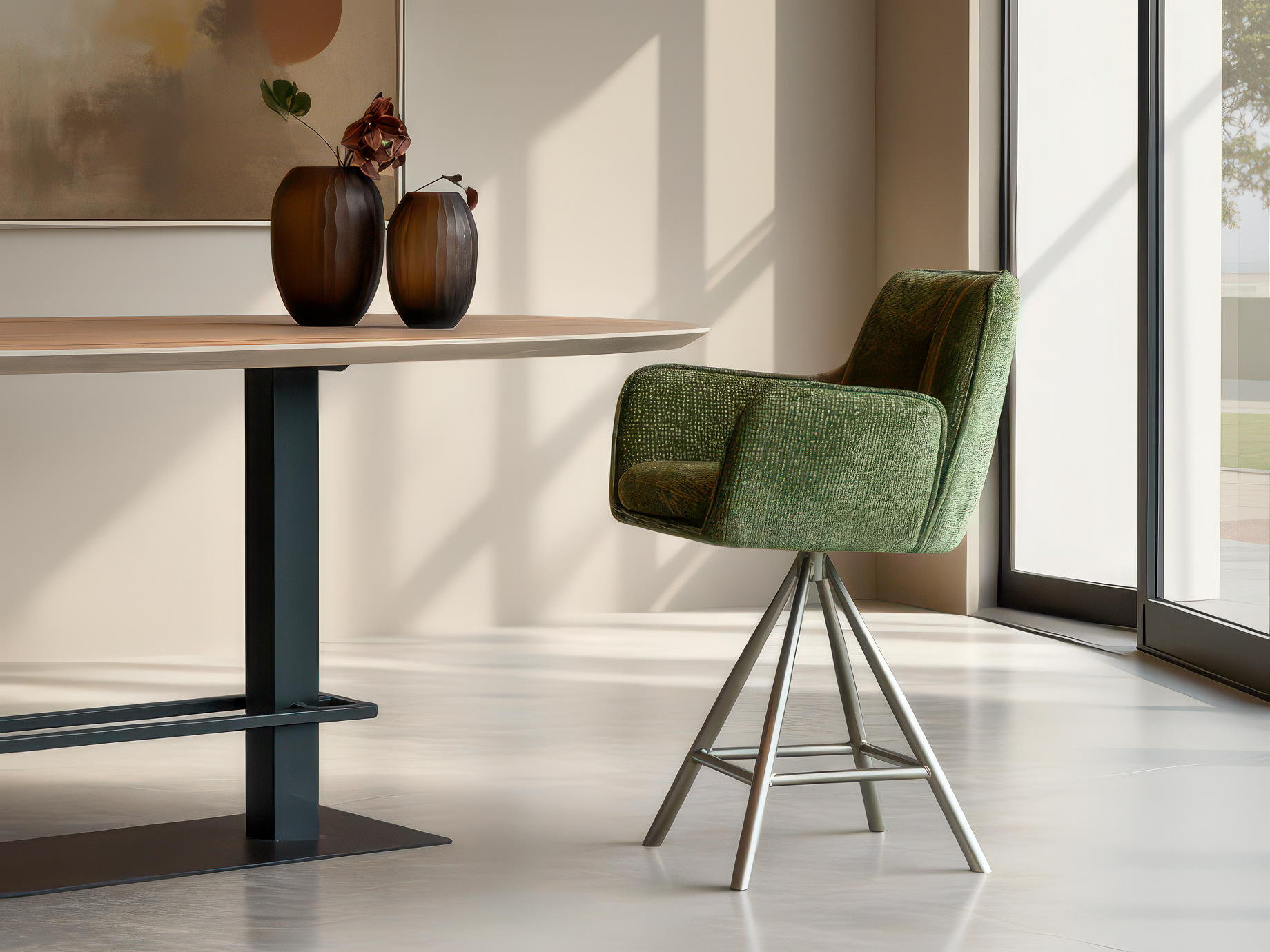 Barkruk met licht onderstel en zachte lijnen