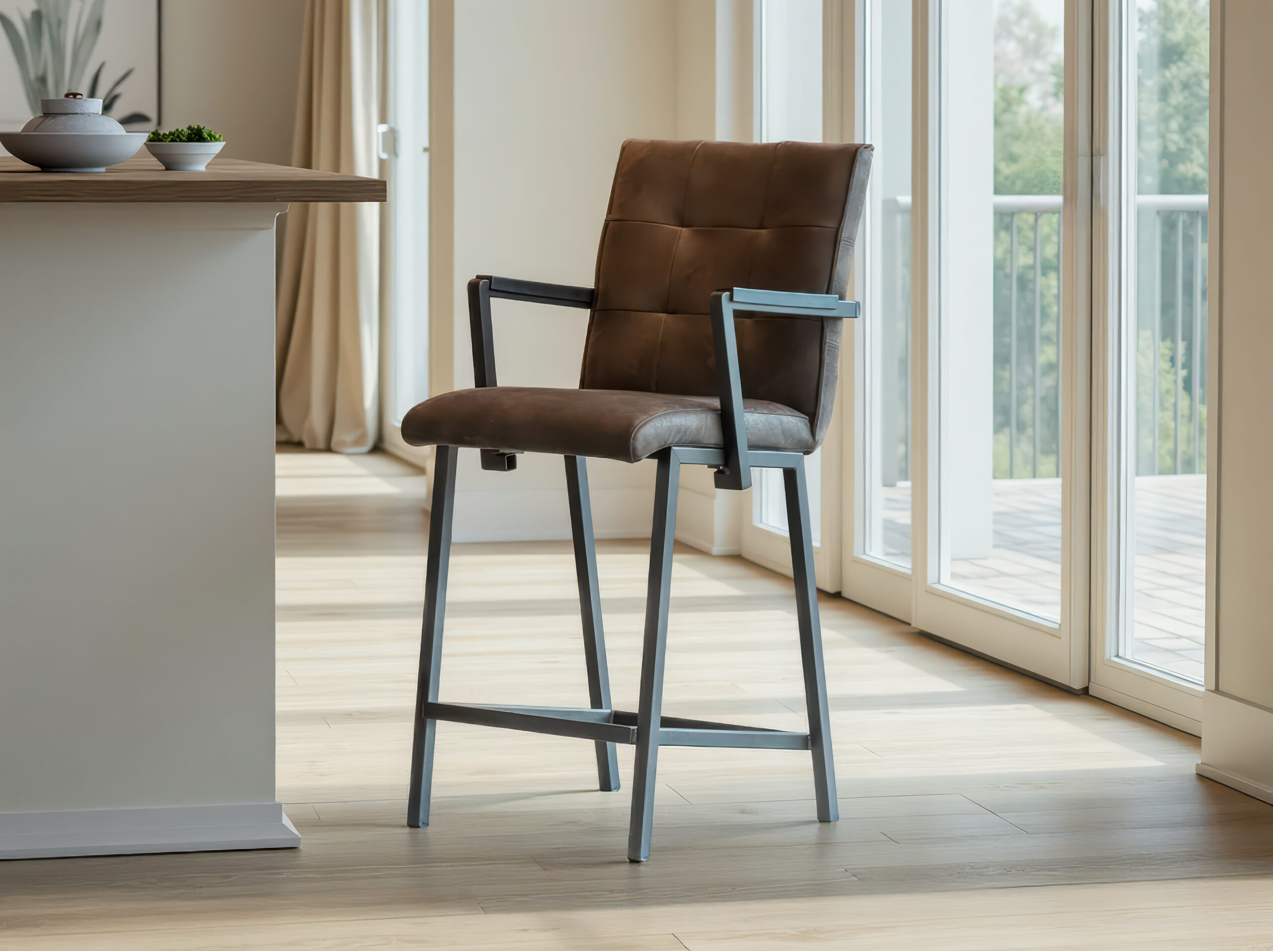 Barkruk Vertou - antigo leer brown - capiton - met arm