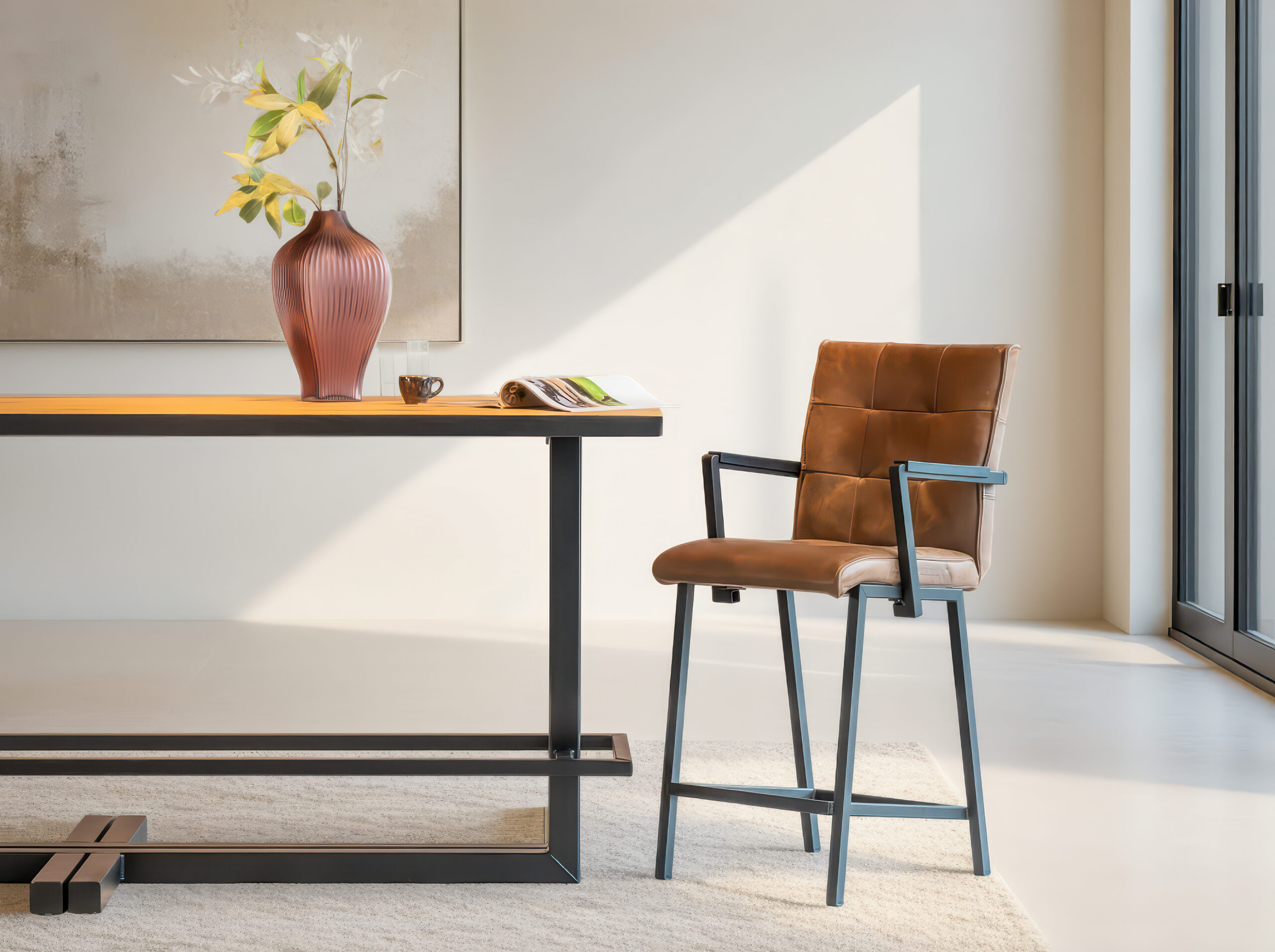 Barkruk Vertou - antigo leer brown - capiton - met arm