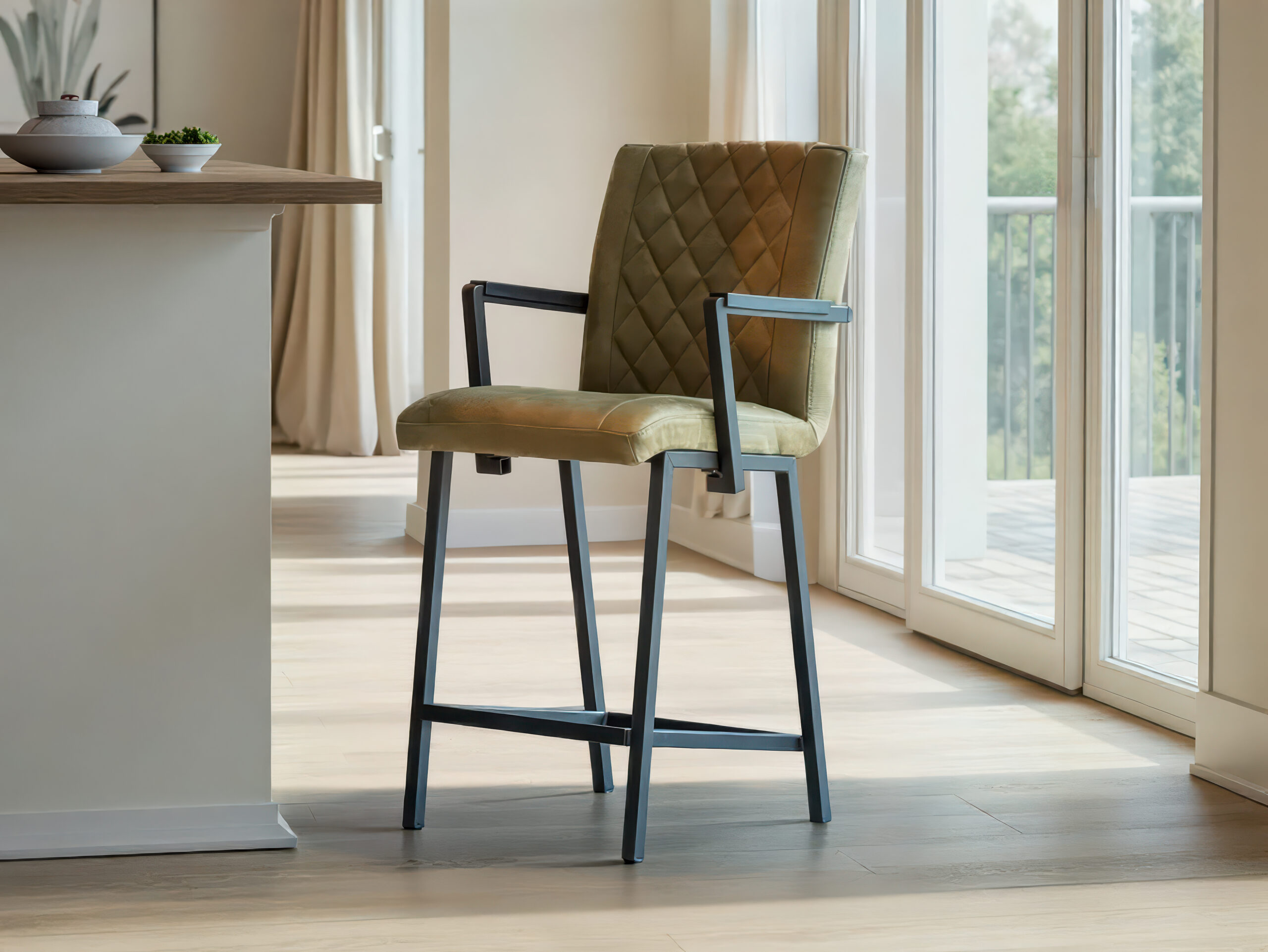 Barkruk Vertou - antigo leer olive - ruit - met arm