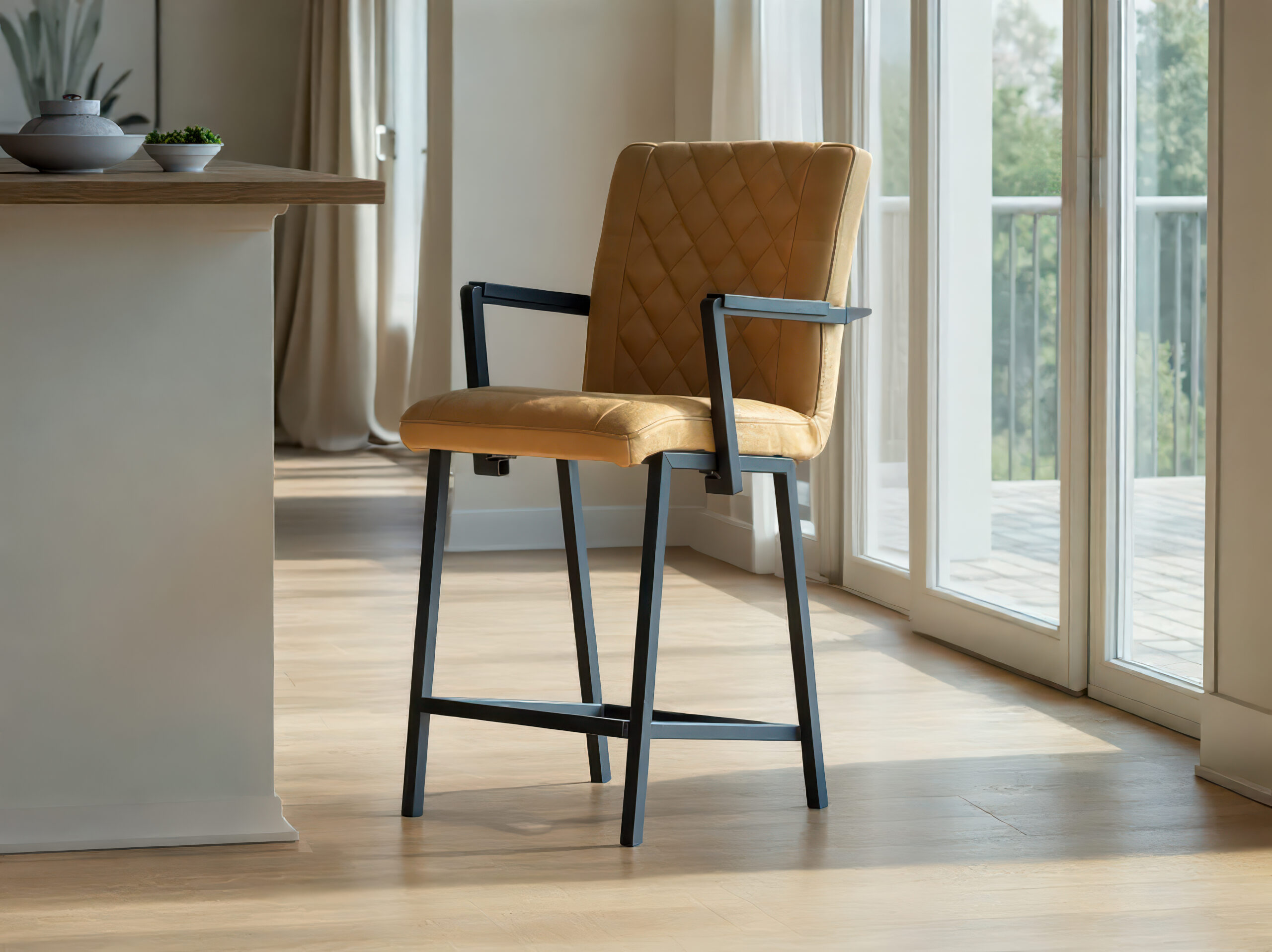 Barkruk Vertou - kenia leer walnut - ruit - met arm