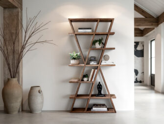 unieke houten boekenkast met speelse diagonale vakverdeling en open planken