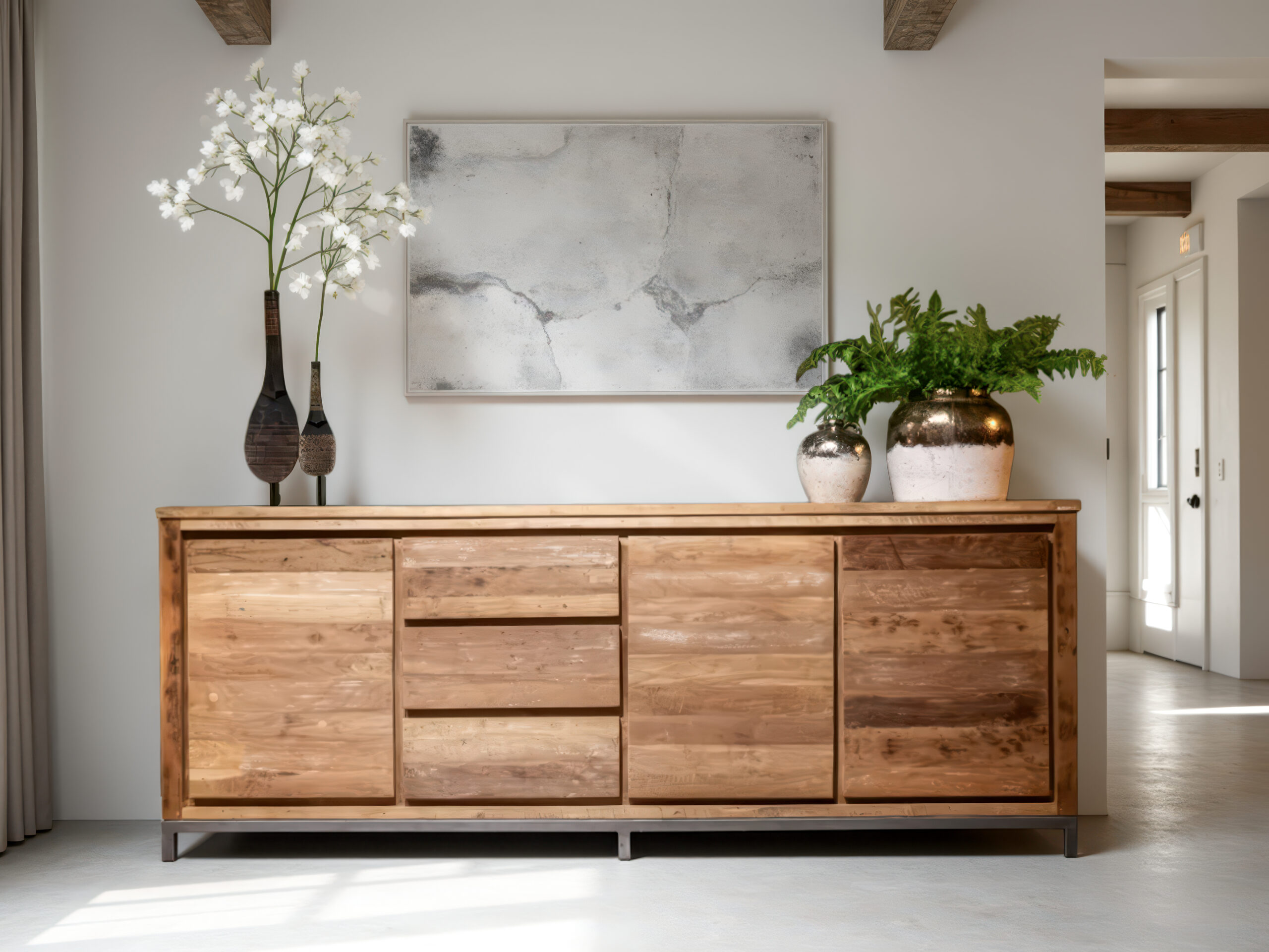 natuurlijk ogend dressoir dat balans brengt in een eclectisch interieur