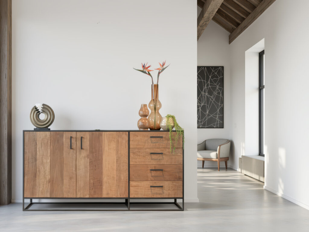 Kast van massief teakhout met zwart metalen omlijsting en dubbele deuren