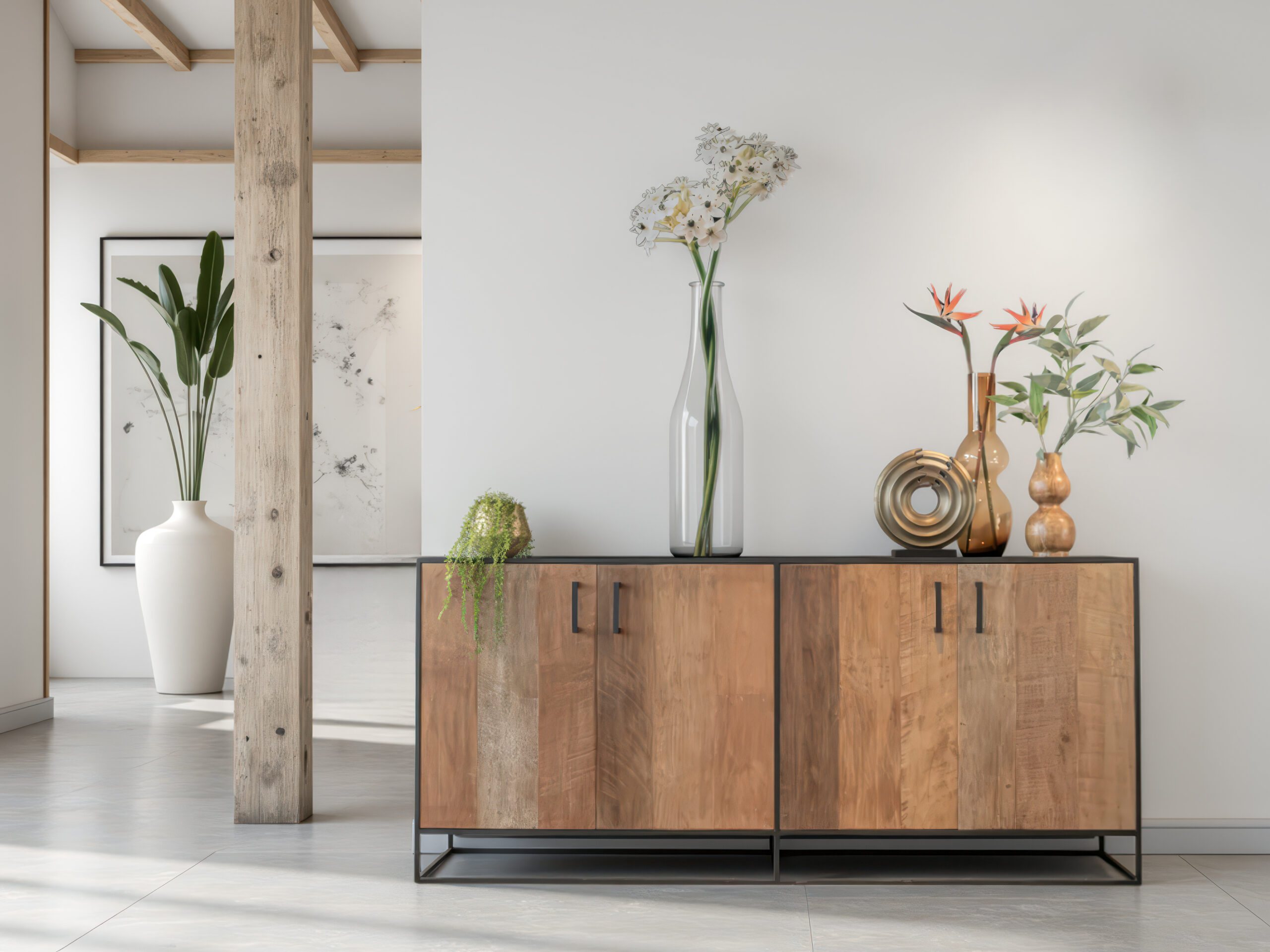 Stijlvolle kast met natuurlijke houtnerf en open plank voor decoratieve accenten