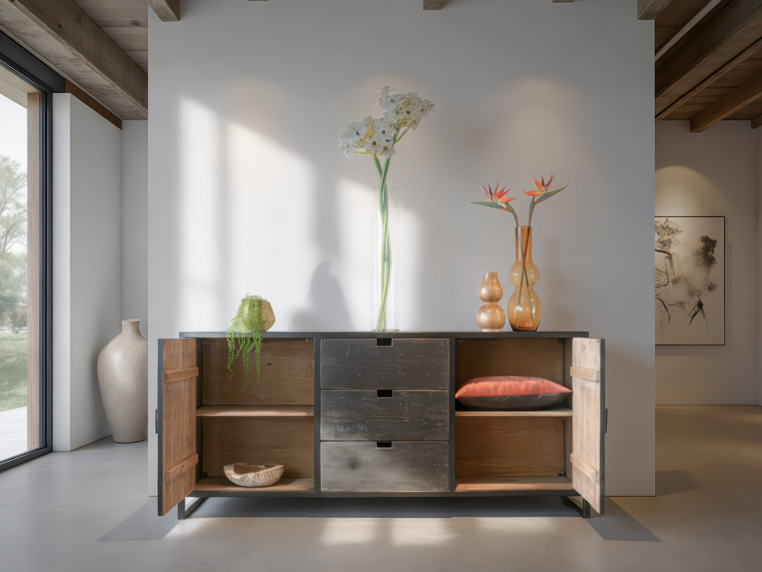 Robuust zwart houten dressoir met vintage uitstraling, ideaal voor een modern of industrieel interieur