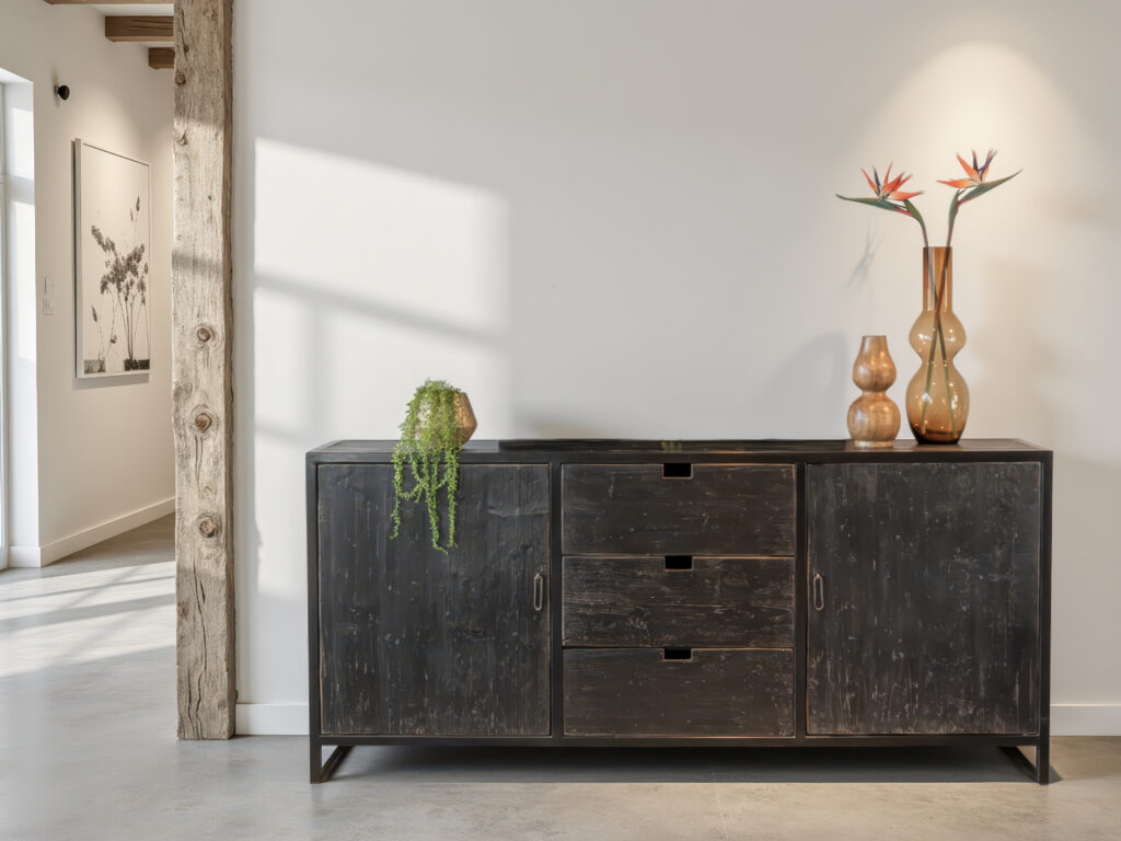 Industrieel dressoir in verweerd zwart hout, voorzien van symmetrische indeling met veel opbergruimte