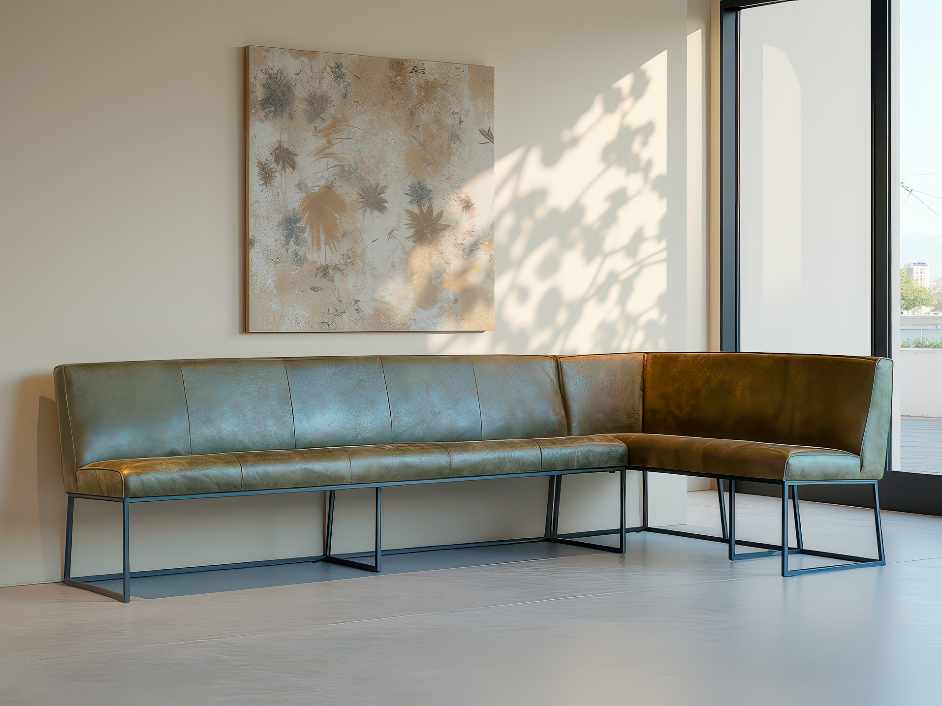 Eetkamerbank Pesara - 244cm - hoek links 160cm - africa leer olive