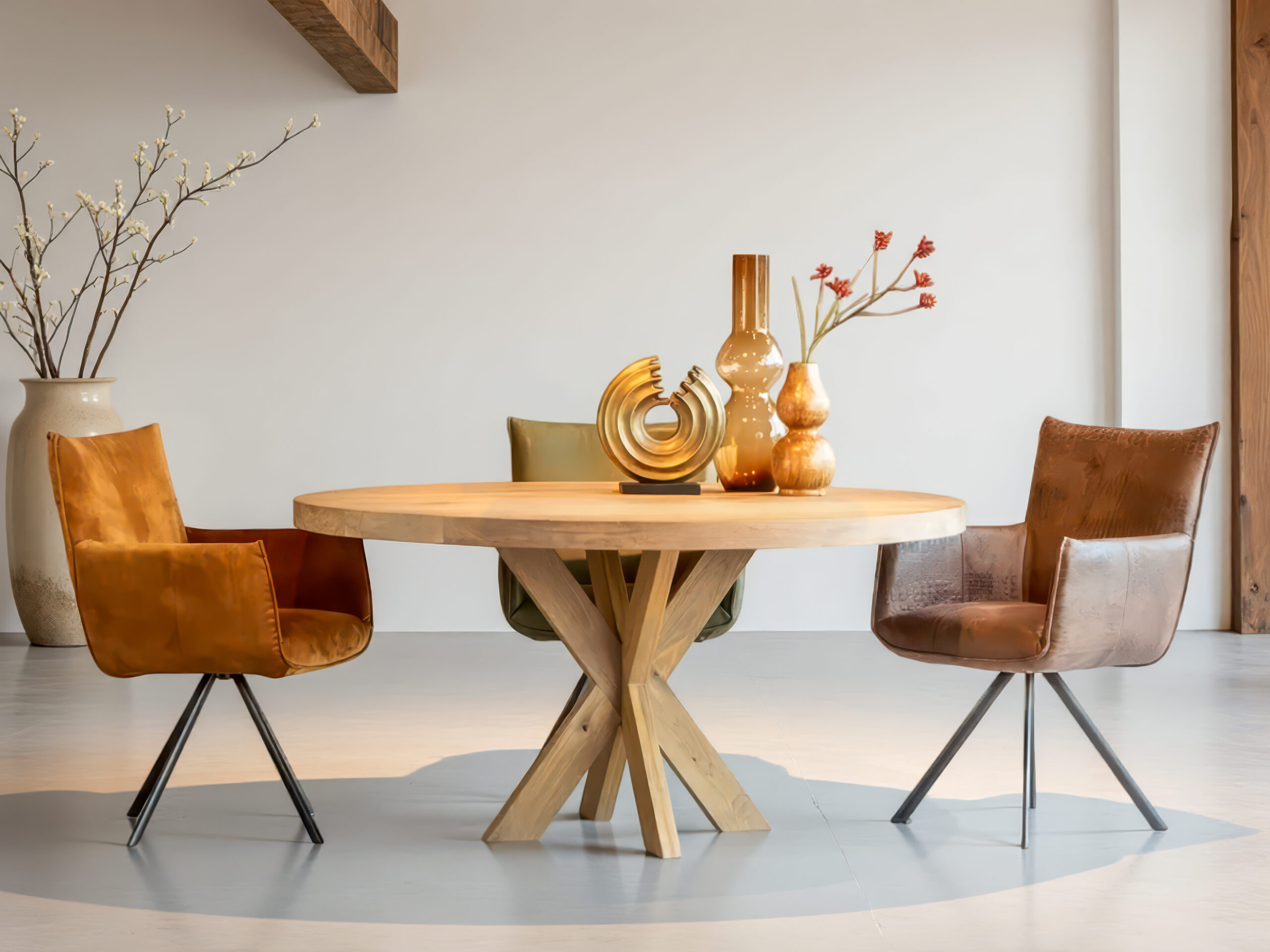 Bruin-oranje eetkamerstoel met draaionderstel en zachte bekleding