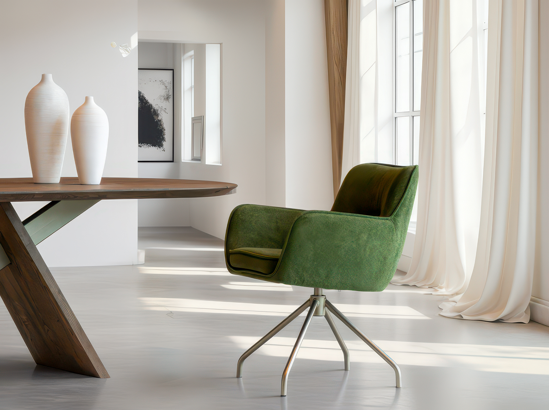 Groene eetkamerstoel met zachte bekleding en champagne metalen spinpoot