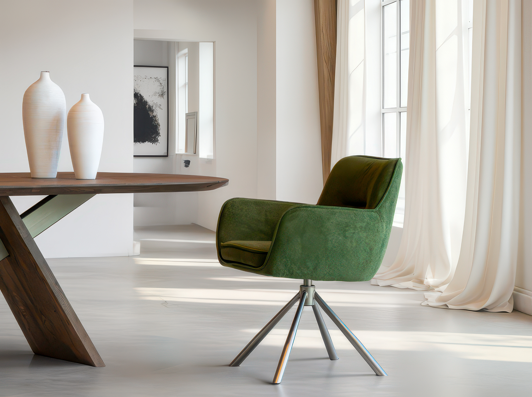 Fluwelen eetkamerstoel in bosgroen met een wit metalen kruispootonderstel