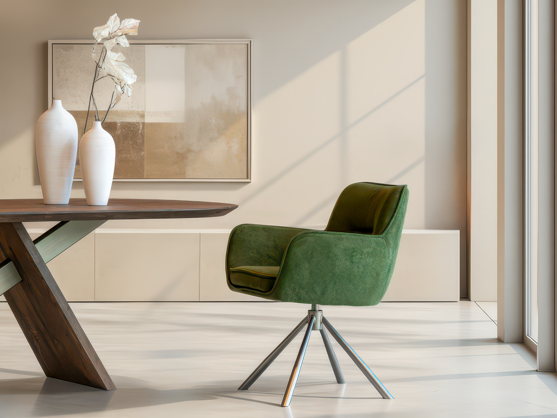 Gestoffeerde stoel met draaibare poot voor aan de eettafel