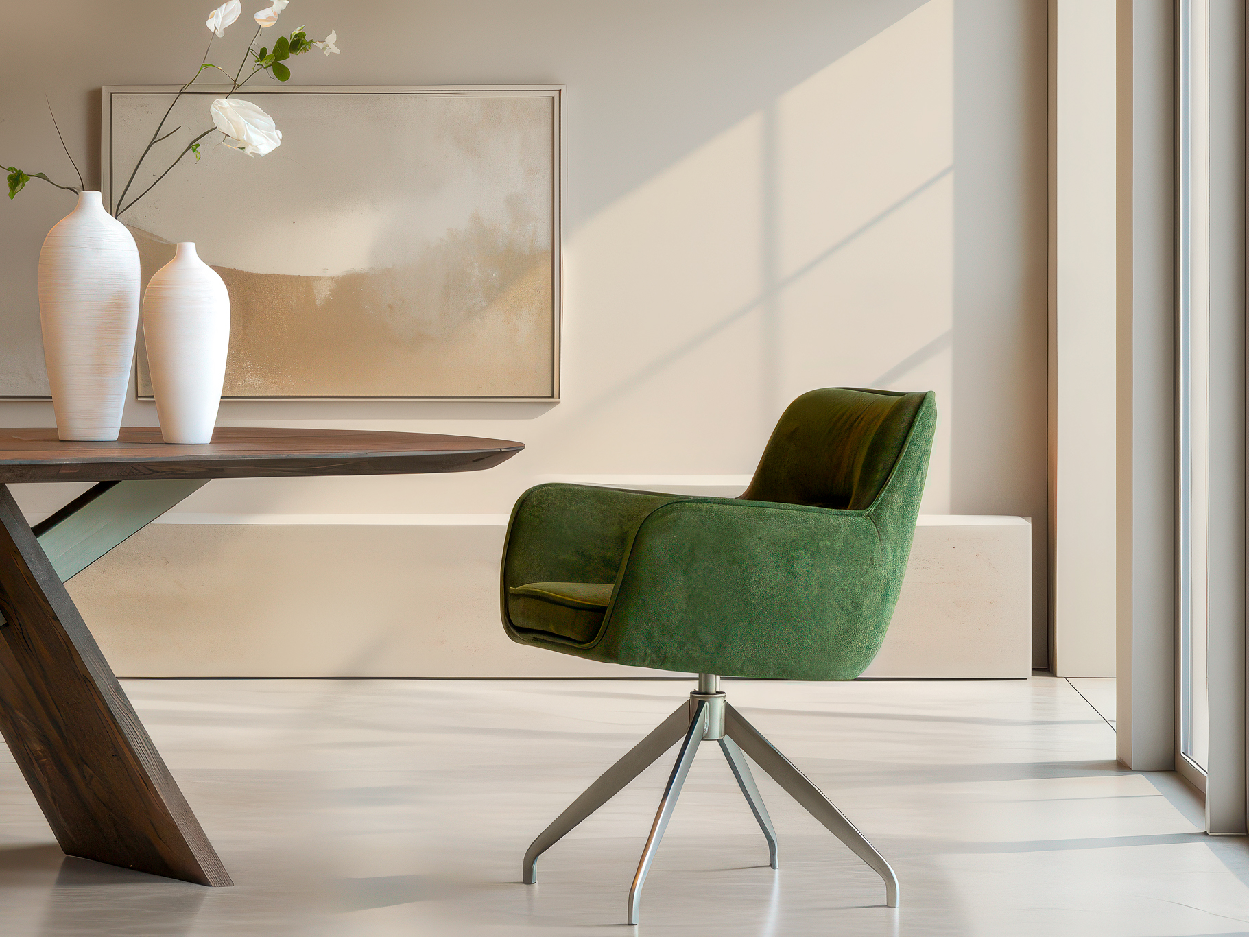 Compacte eetstoel met zachte rug en subtiele armleuningen