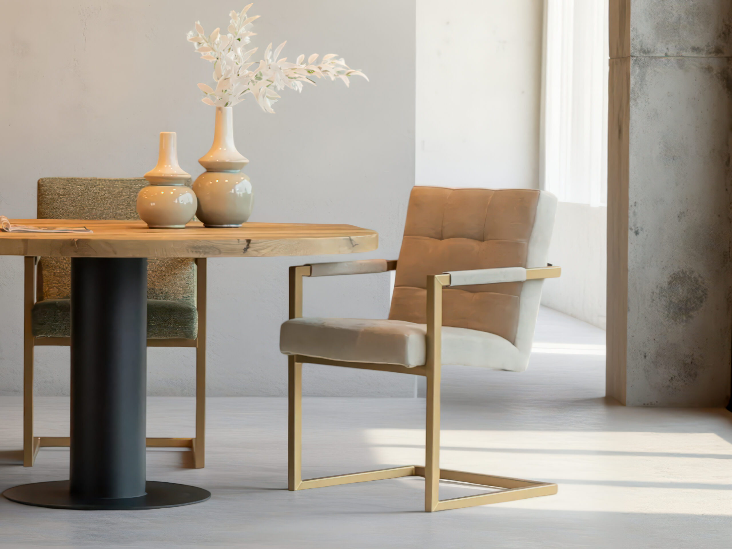 Comfortabele lichtbruine eetkamerstoel met rechte poten en strakke afwerking