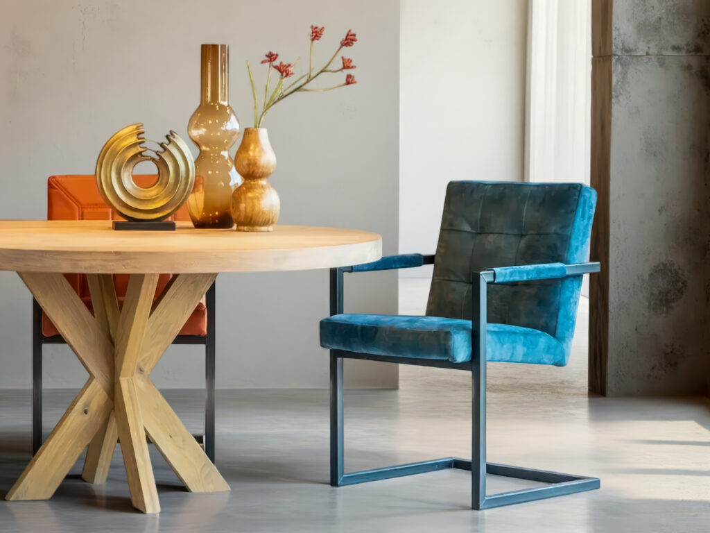 Donkerblauwe eetkamerstoel met armleuningen en stevig metalen frame