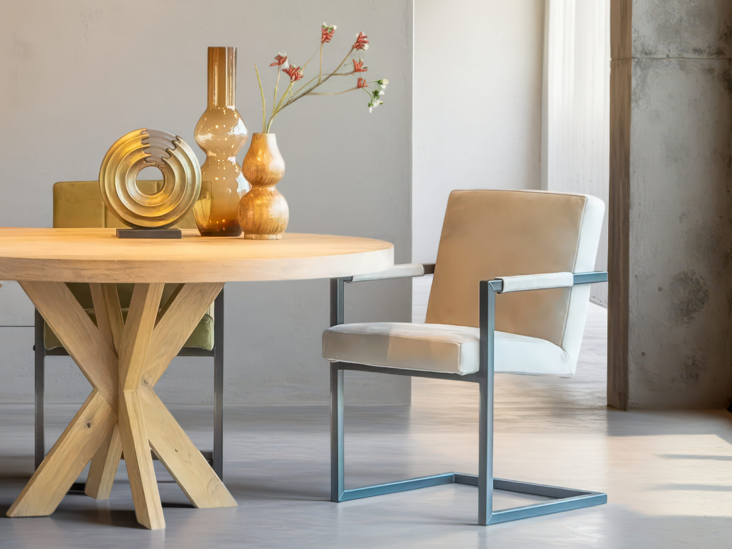 Beige eetkamerstoel met zachte bekleding en zwart metalen poten