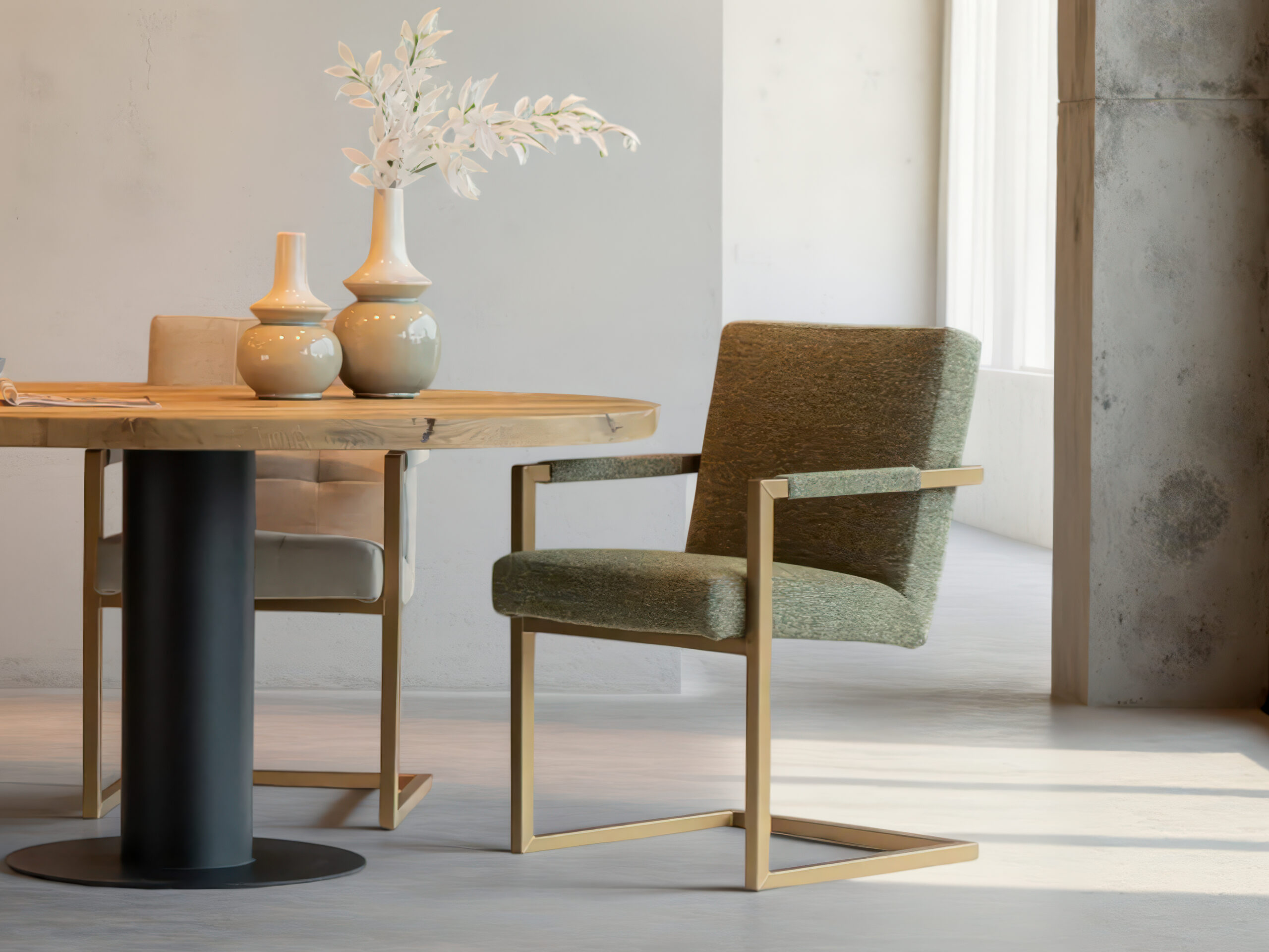 Donkergroene eetkamerstoel met strakke lijnen en metalen poten