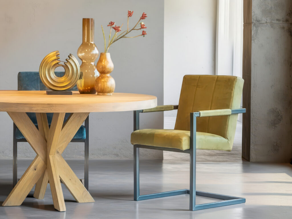 Eigentijdse groene eetkamerstoel met comfortabele armleuningen