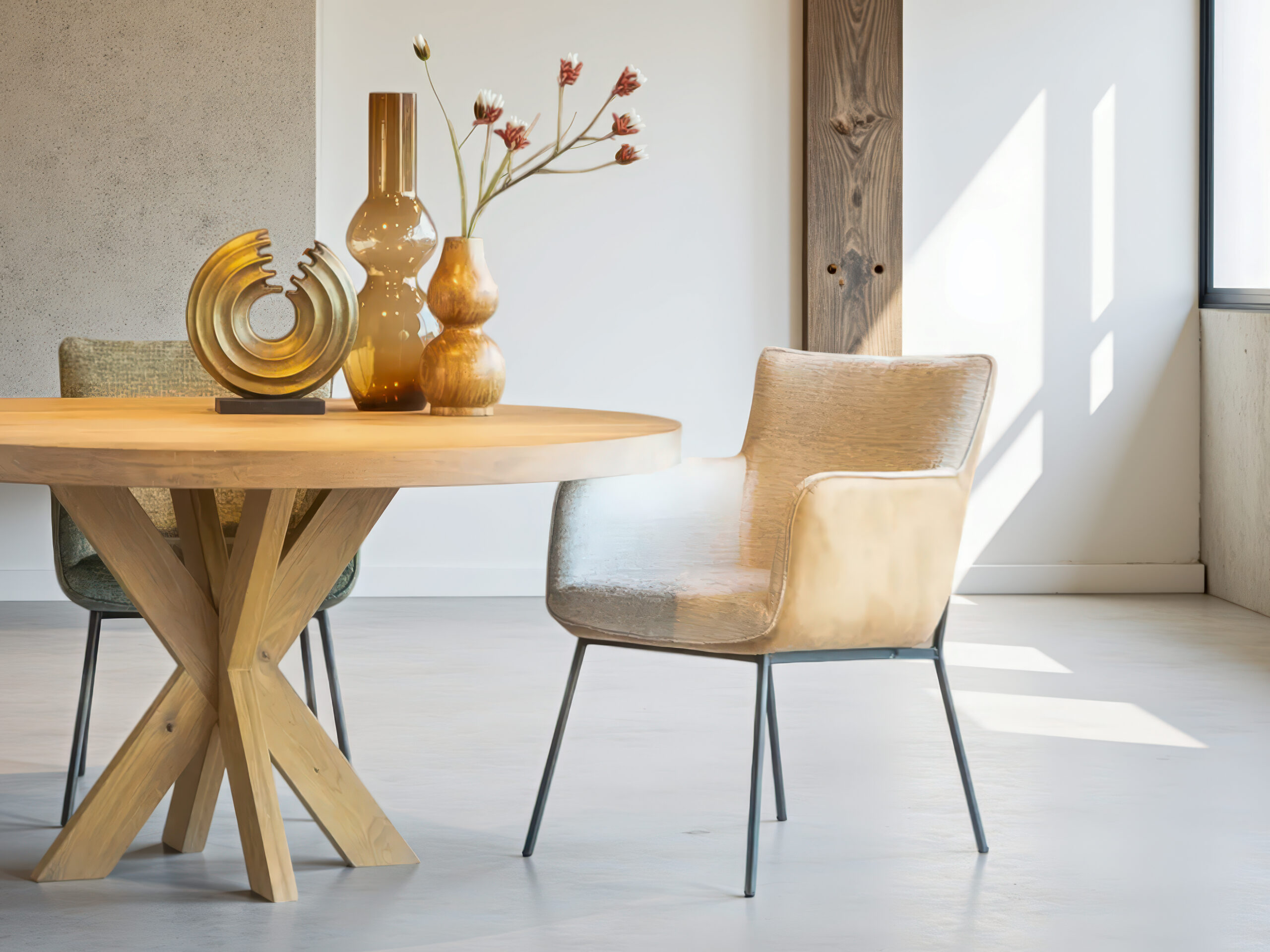 Combinatie van eetkamerstoelen in caramel bruin en wit met strakke poten