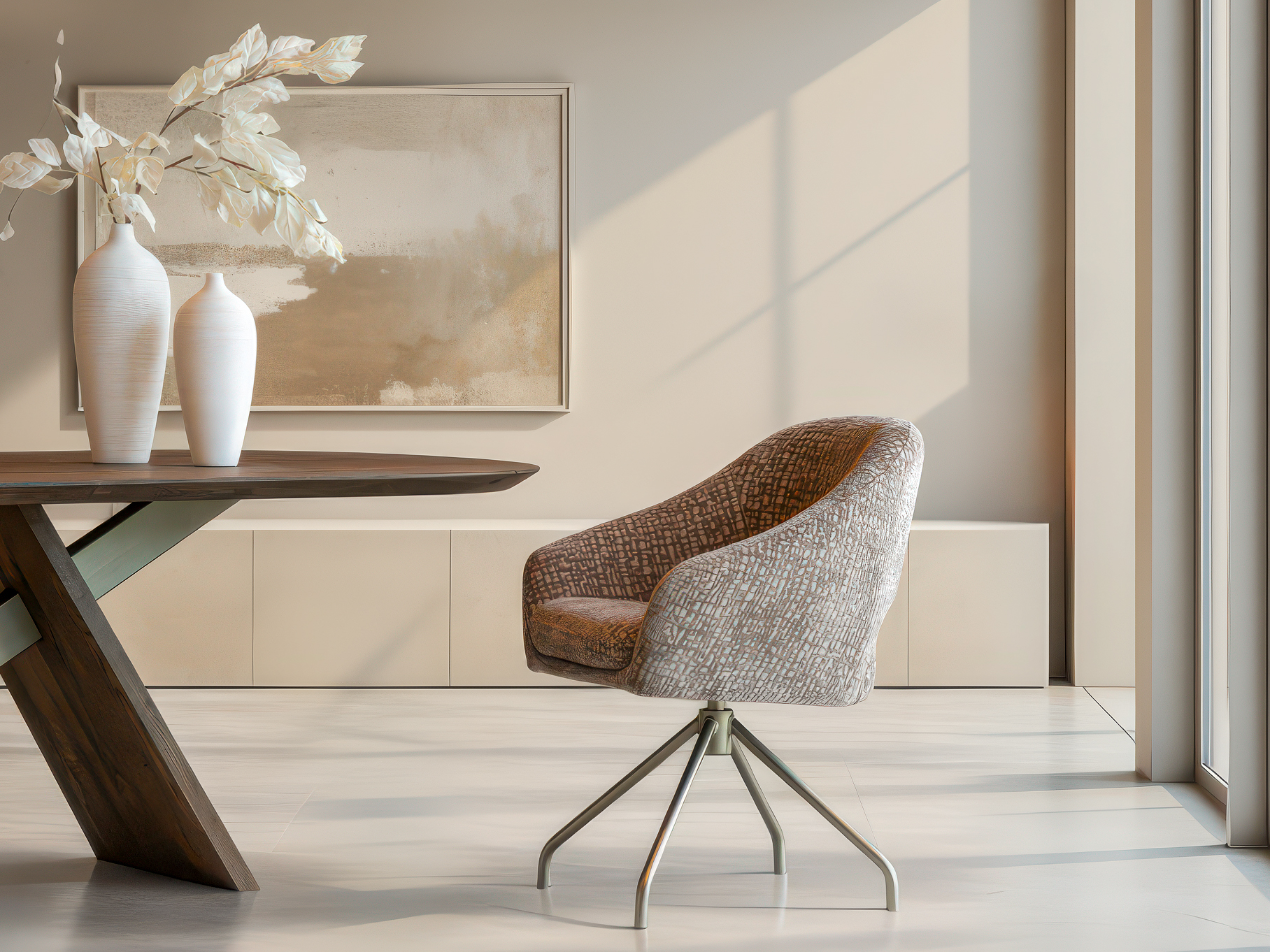 Moderne eetkamerstoel met comfortabele kuipvorm en metalen draaivoet