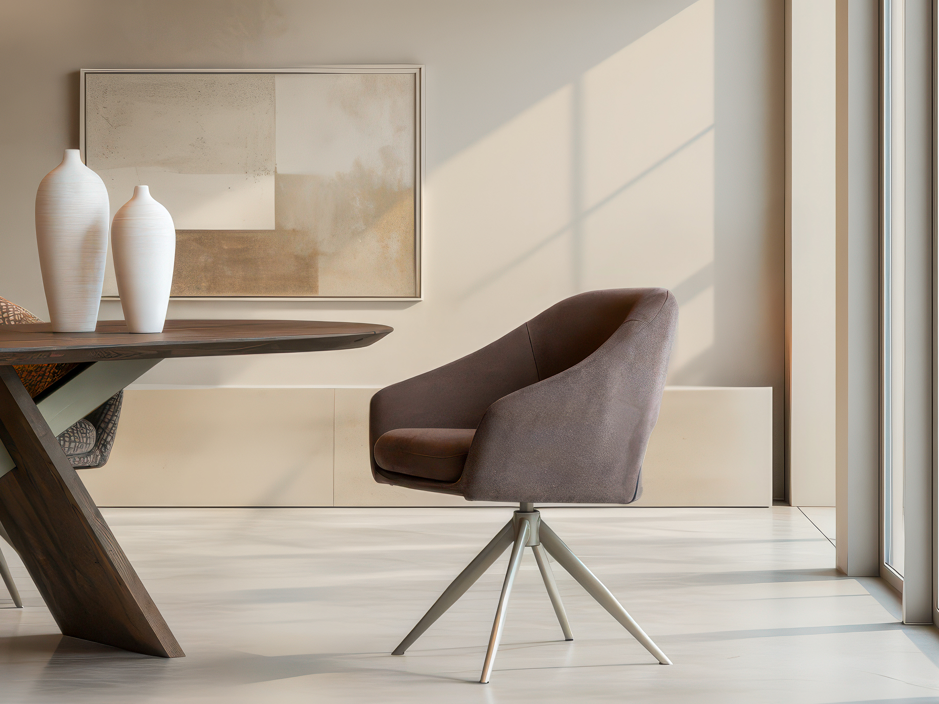 Luxe gestoffeerde stoel met armleuningen en minimalistisch onderstel