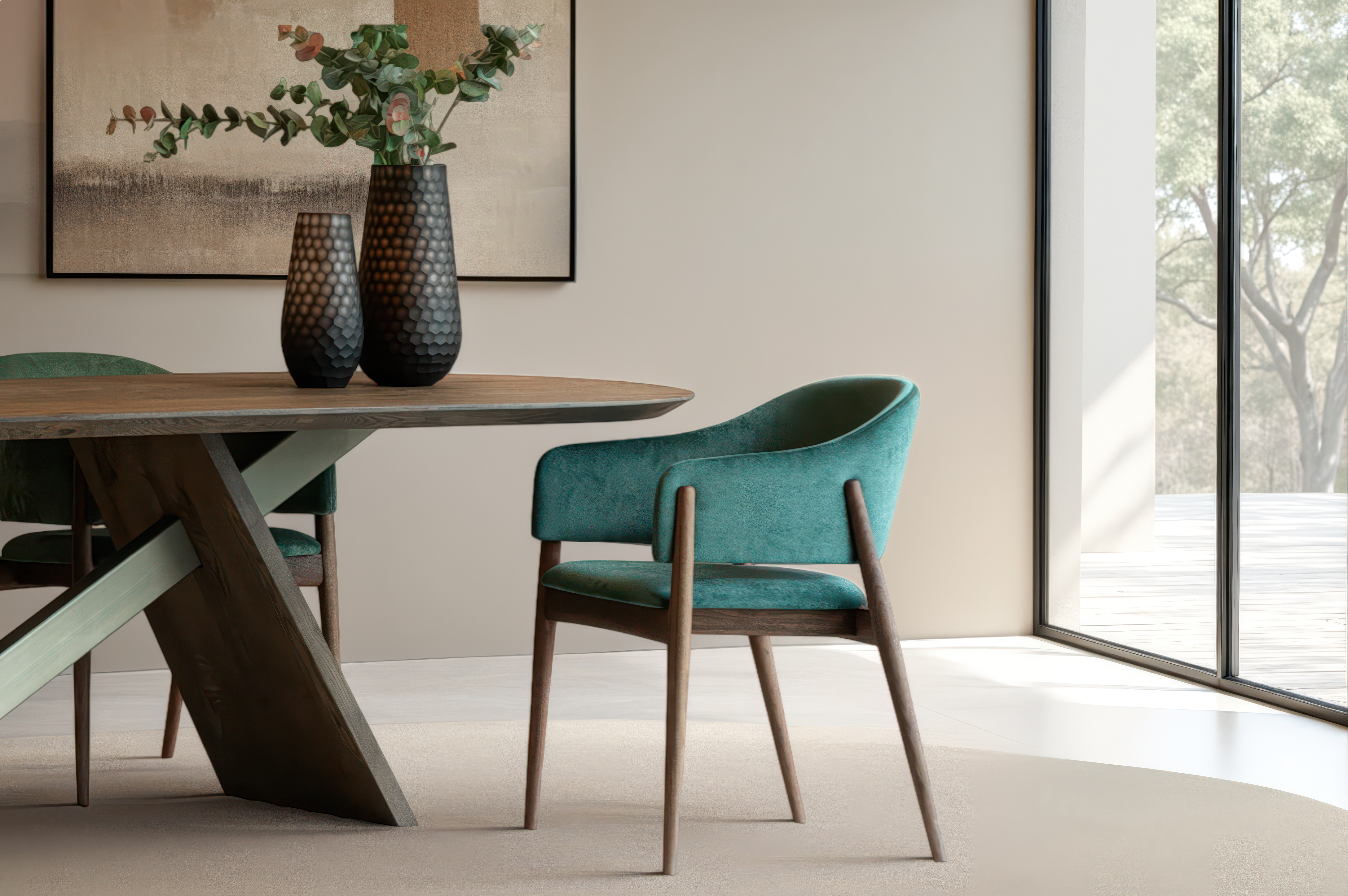 Eetkamerstoel met elegant houten frame en turquoise bekleding