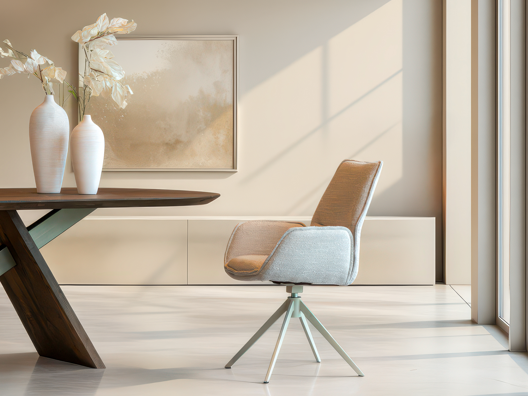 Eetkamerstoel met hoge rugleuning en draaibare metalen poot