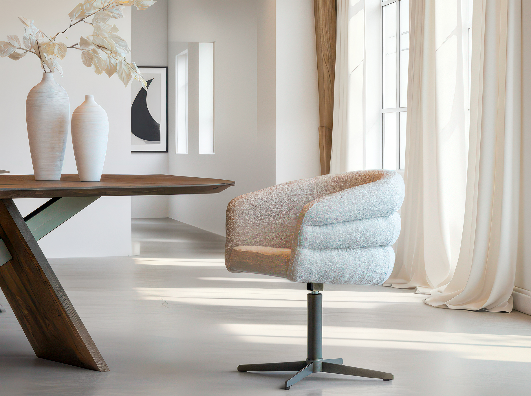 Luxe eetkamerstoel met moderne kruispoot in anodic bruin metaal, afgewerkt met een comfortabele zitting in licht taupe stof