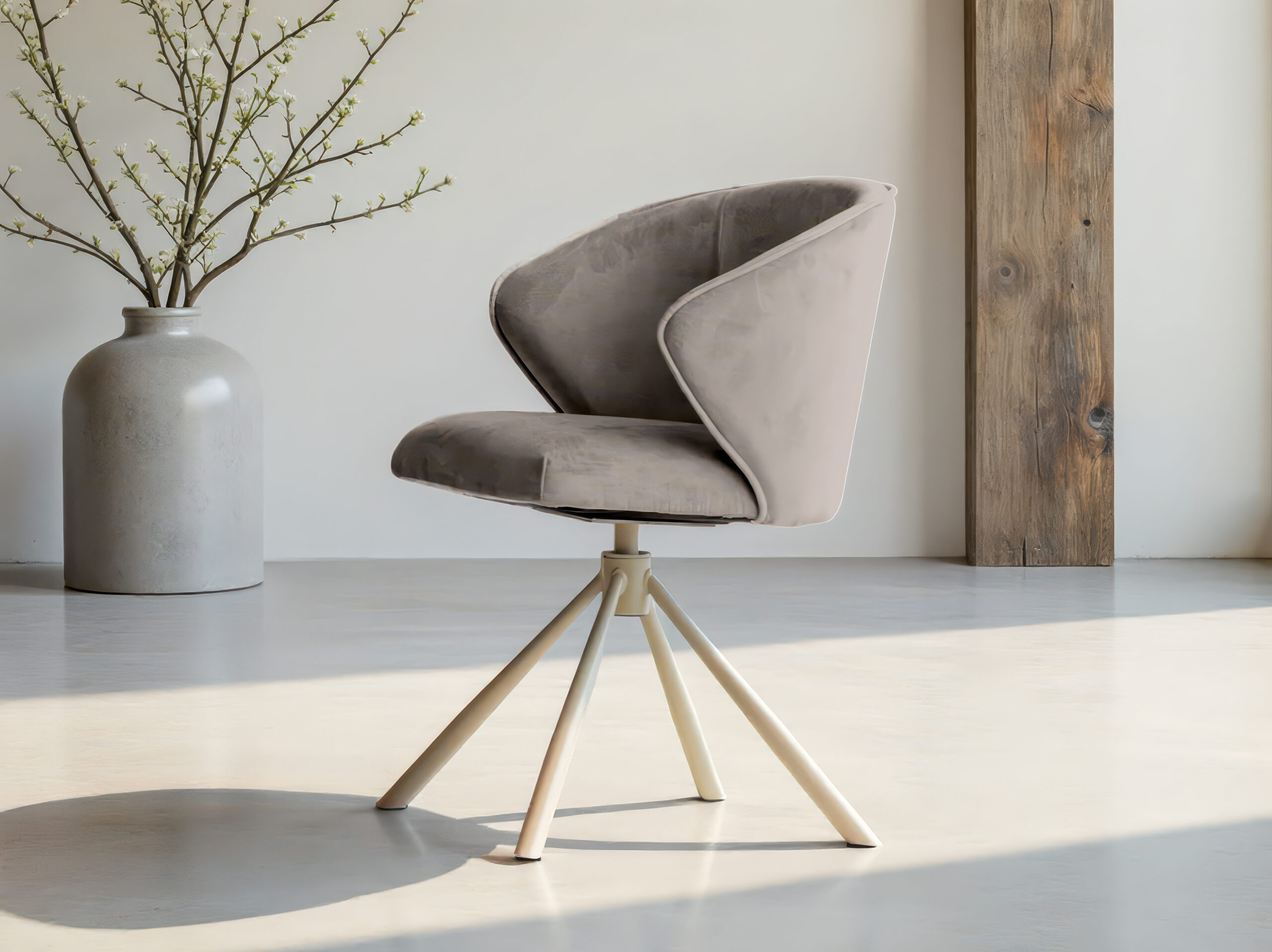 Grijze velvet eetkamerstoel met elegante kuipzitting