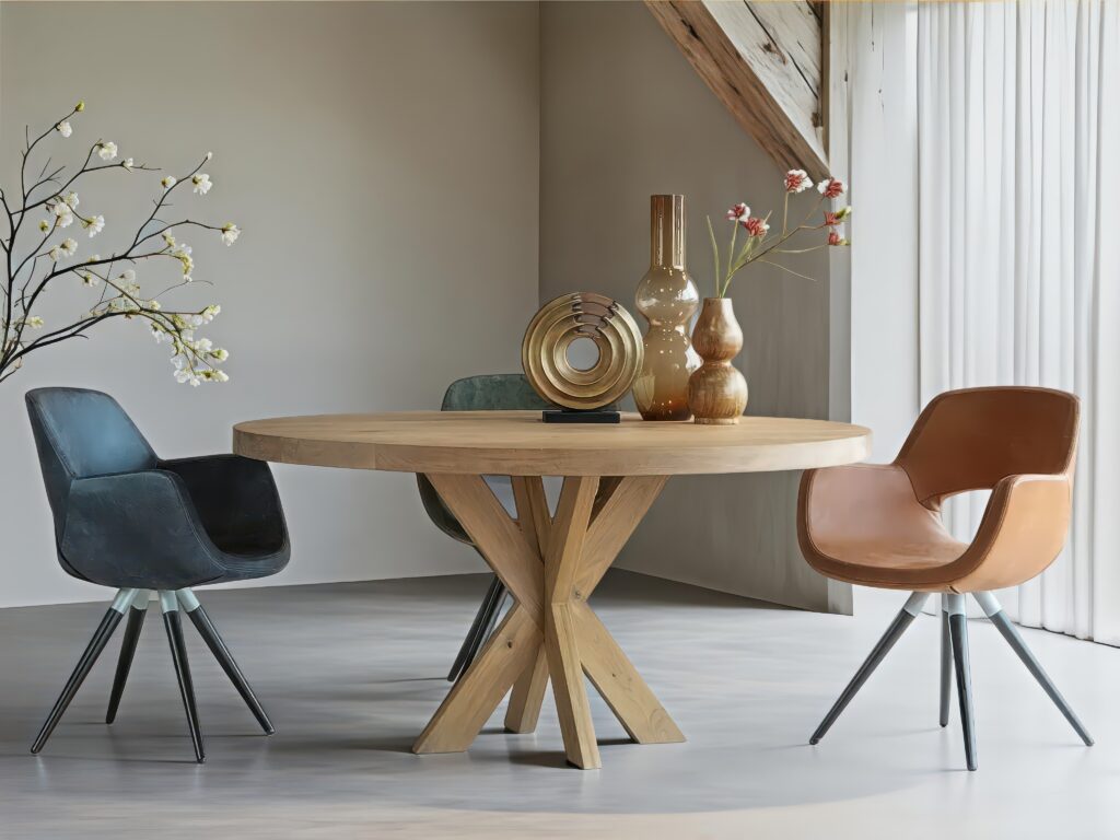 Eetkamerstoel in cognac leer stof met zwarte houten poten